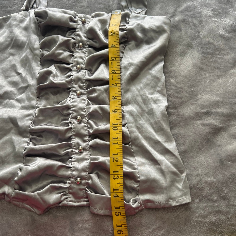 Silver Satin Ruched Halter Top Smocked Back Y2K Grey Party Blouse - Picture 7 of 9